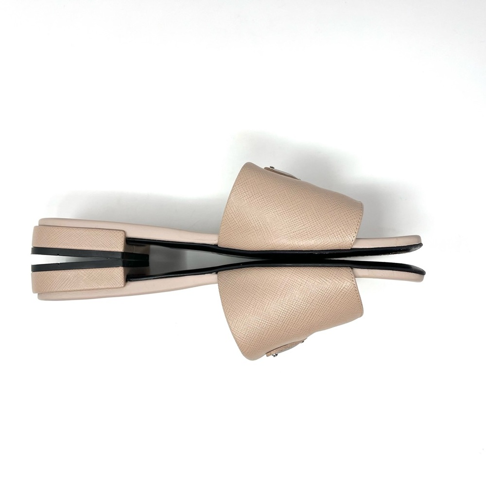 Prada Beige Nude Tan Saffiano Leather Triangle Logo Flat Slides Sandals 37 7 - Picture 6 of 10